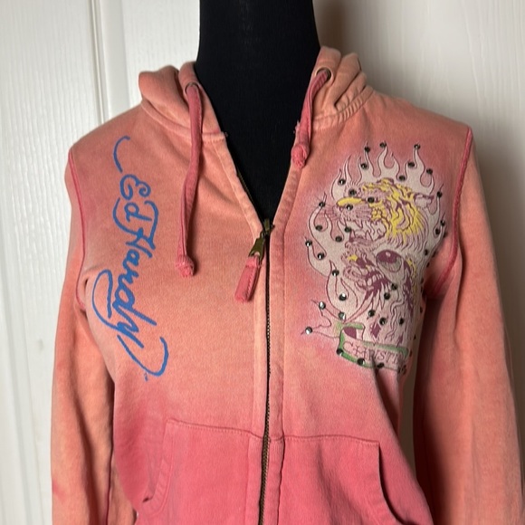 VTG y2K ED HARDY CHRISTIAN AUDIGIER PINK OMBRE CRYSTAL ZIP UP HOODIE - Picture 5 of 8